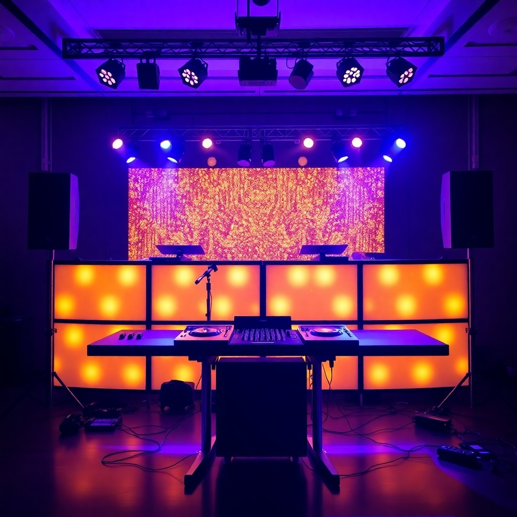 A visually striking image showcasing a gold-themed DJ setup with professional lighting and high-end equipment. Capture the elegance and sophistication of the package.