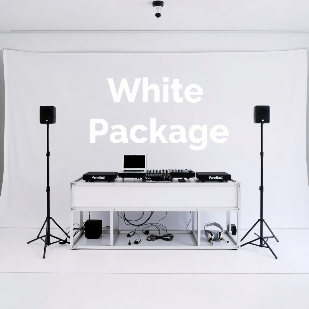 An image representing the 'White Package' with a minimalist DJ setup, featuring white equipment and a clean backdrop. Emphasize simplicity and elegance.