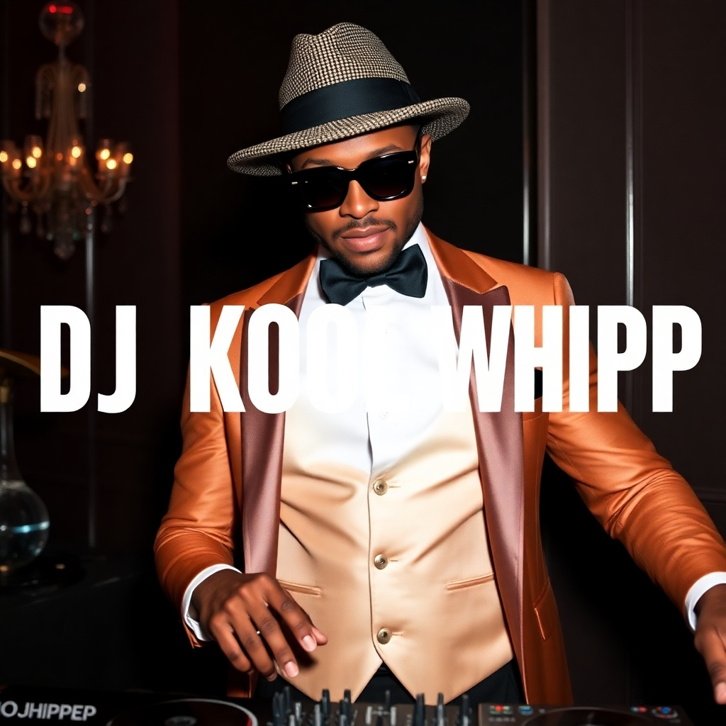 An image showcasing DJ Kool Whipp's sophisticated style, with a focus on the DJ's attire and the overall visual presentation. Capture the blend of elegance and musical talent.