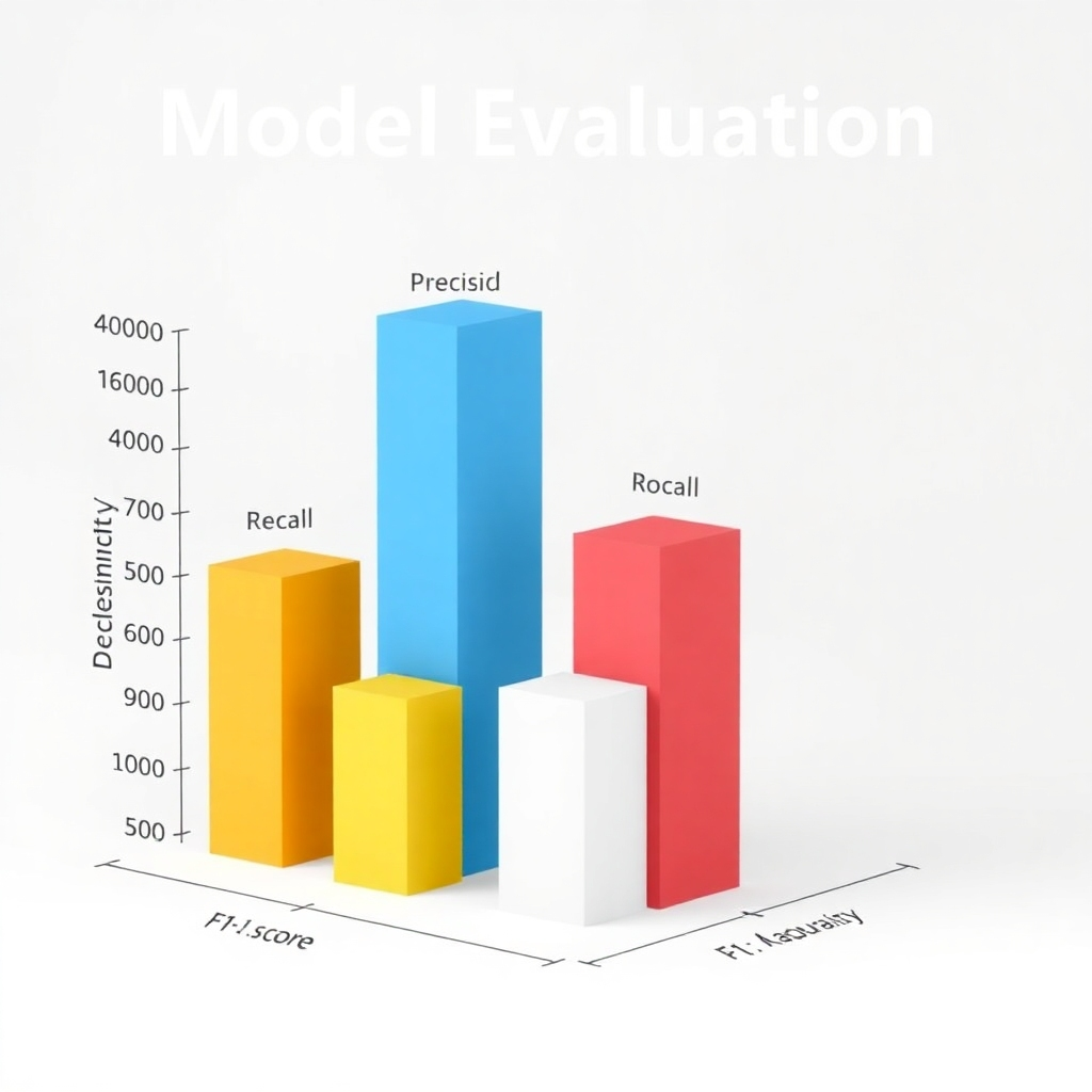 A 3D bar graph comparing several model evaluation metrics (accuracy, precision, recall, F1-score). The graph could highlight which metric holds more significance depending on the specific context of the application (e.g., medical diagnostics versus spam filtering).  The background could include subtle mathematical notations to add technical depth to the visualization.
