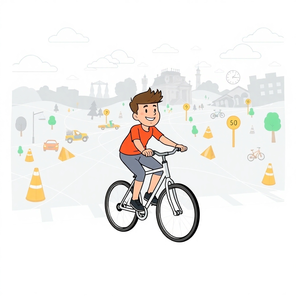 A cartoon-style illustration showing a person learning to ride a bike with guiding lines representing the training data and the trajectory representing the predictions. The background should include various obstacles and scenarios to symbolize the real-world complexity that the model learns to navigate. A smiling cyclist at the end should represent successful model training.