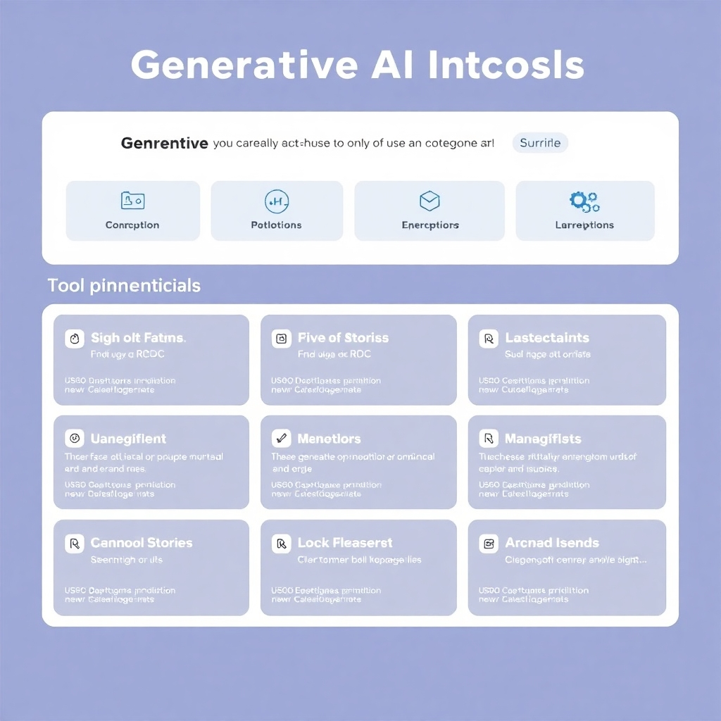 A clean, modern interface showcasing a selection of generative AI tools, platforms, and APIs. The interface should clearly categorize and showcase the various options available, each with a clear visual representation of its functionality and ease of use.  A minimalist and user-friendly design.