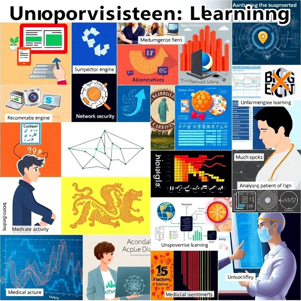 A collage of images representing diverse applications of unsupervised learning across different fields.  One image could depict a recommendation engine suggesting products, another could show network security identifying anomalous activity, and a third could show medical diagnosis analyzing patient data. Each section should be clearly labelled and visually connected to highlight the broad impact of unsupervised learning. The overall style should be diverse yet unified, emphasizing the universality of the technique.