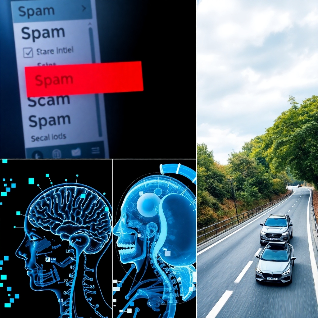 A collage of photorealistic images depicting diverse applications of supervised learning.  One section could show a spam filter in action, highlighting emails marked as spam. Another section could display a medical imaging scan with AI-powered diagnostics overlaid. A third section could demonstrate a self-driving car navigating a road, emphasizing the real-world impact. The overall collage should showcase the breadth and depth of applications.