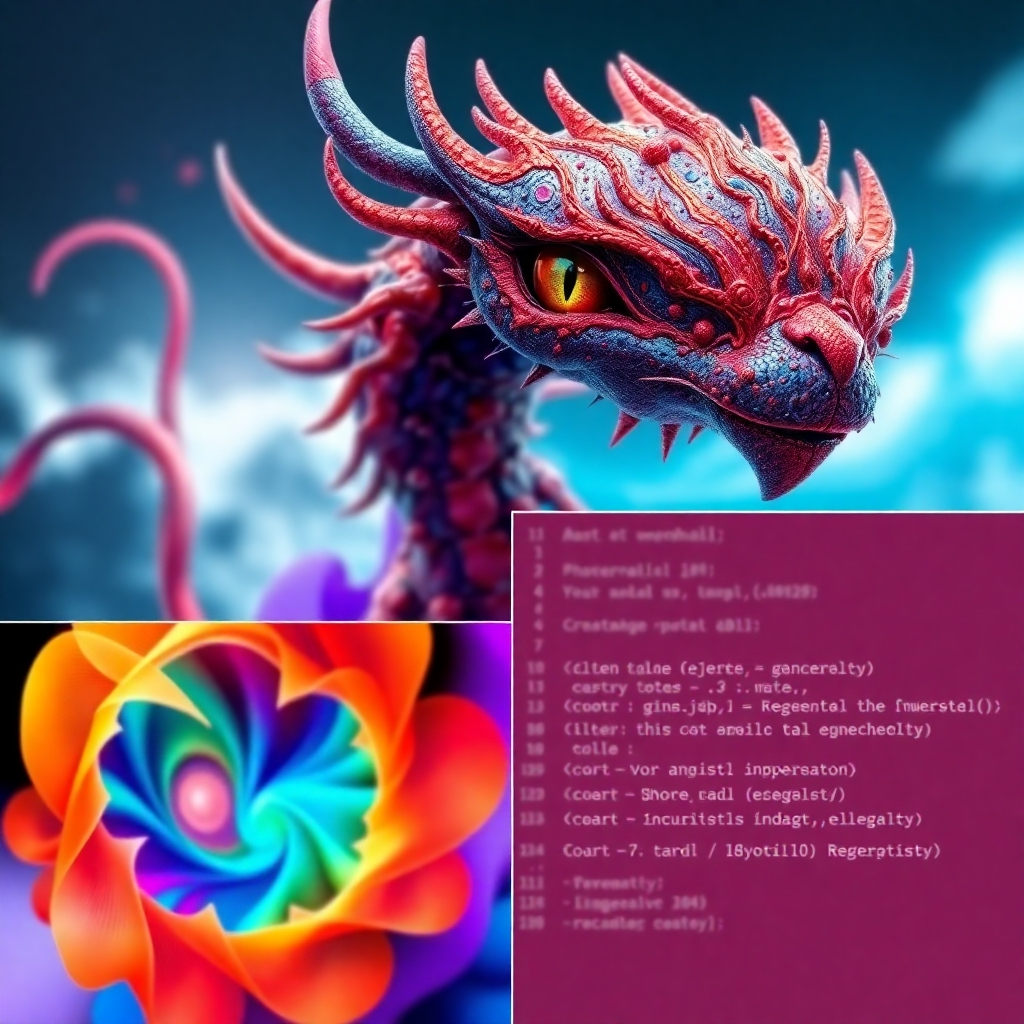 A collage showcasing diverse applications of generative AI. One section shows a photorealistic image of a fantastical creature, another displays a piece of abstract art, and a third shows a snippet of code elegantly written.  The overall feel should be vibrant and showcase the wide range of creative possibilities.