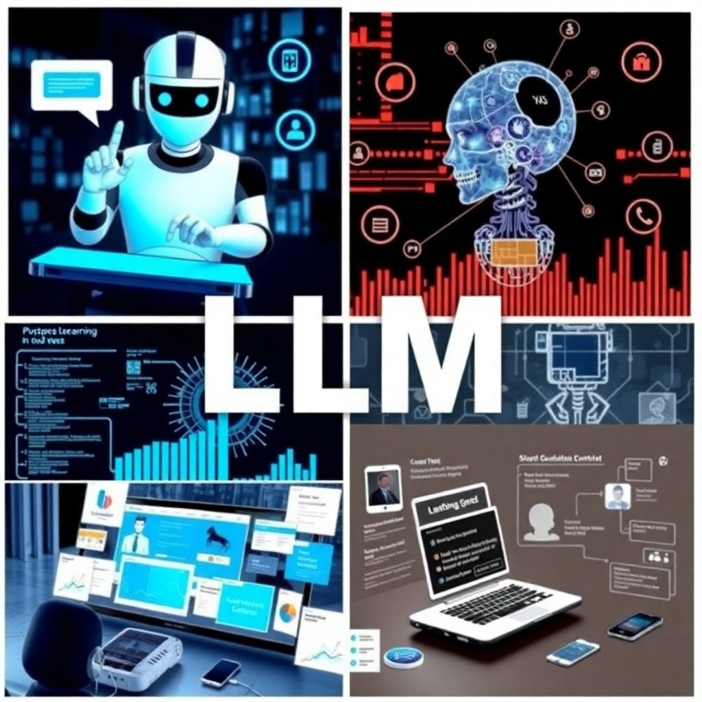 A collage showcasing various applications of LLMs across different sectors. Include images representing chatbots in customer service, AI-powered medical diagnosis, automated financial analysis, personalized learning platforms, and creative content generation tools. The collage should highlight the breadth of LLM applications.