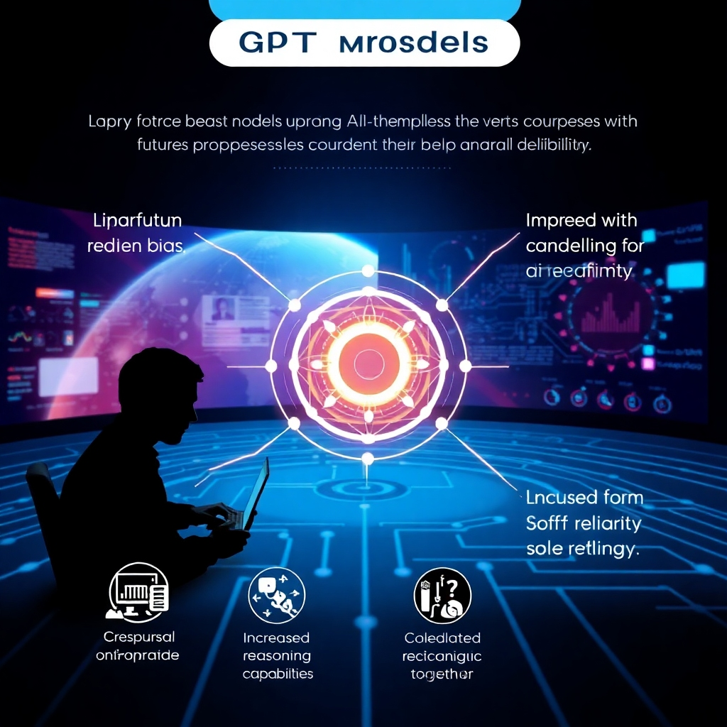 A conceptual image illustrating the future possibilities of GPT models, depicting a collaborative environment where humans and AI work together to solve complex problems. Include symbolic representations of reduced bias, increased reasoning capabilities and improved overall reliability.