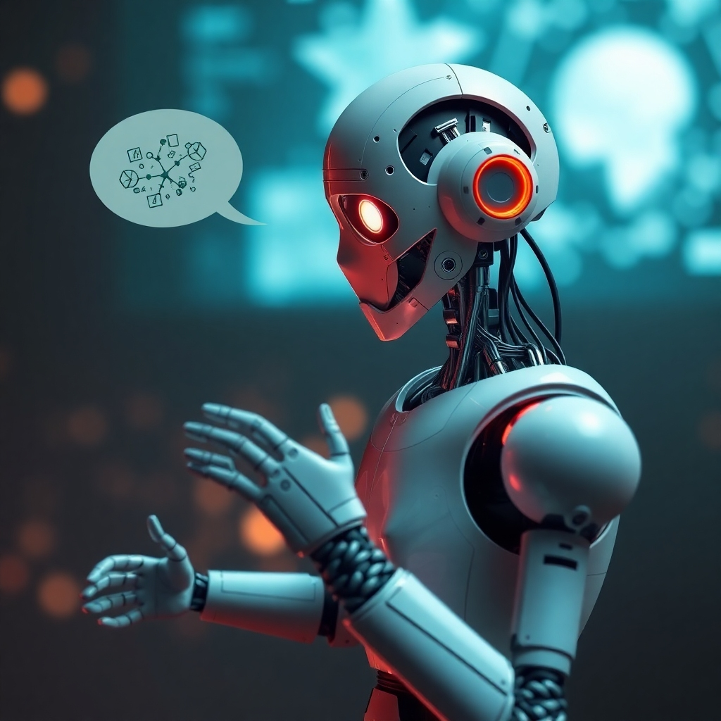 A conceptual image representing the limitations of LLMs.  Show a robot struggling to understand a nuanced human interaction or a complex abstract concept. Use visual metaphors to illustrate the challenges of replicating human understanding and common sense.