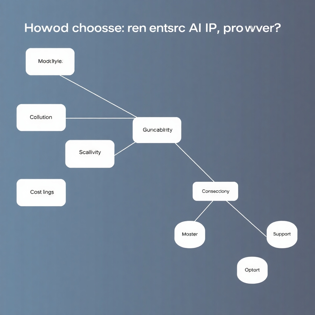  A conceptual image showcasing a decision tree or flow chart, visually representing the factors to consider when choosing a generative AI provider. Each branch of the tree should highlight a specific factor like model type, cost, scalability, and support. Use a clean and modern design with clear labels and connections. The overall tone should be informative and helpful, guiding the viewer towards making an informed decision.