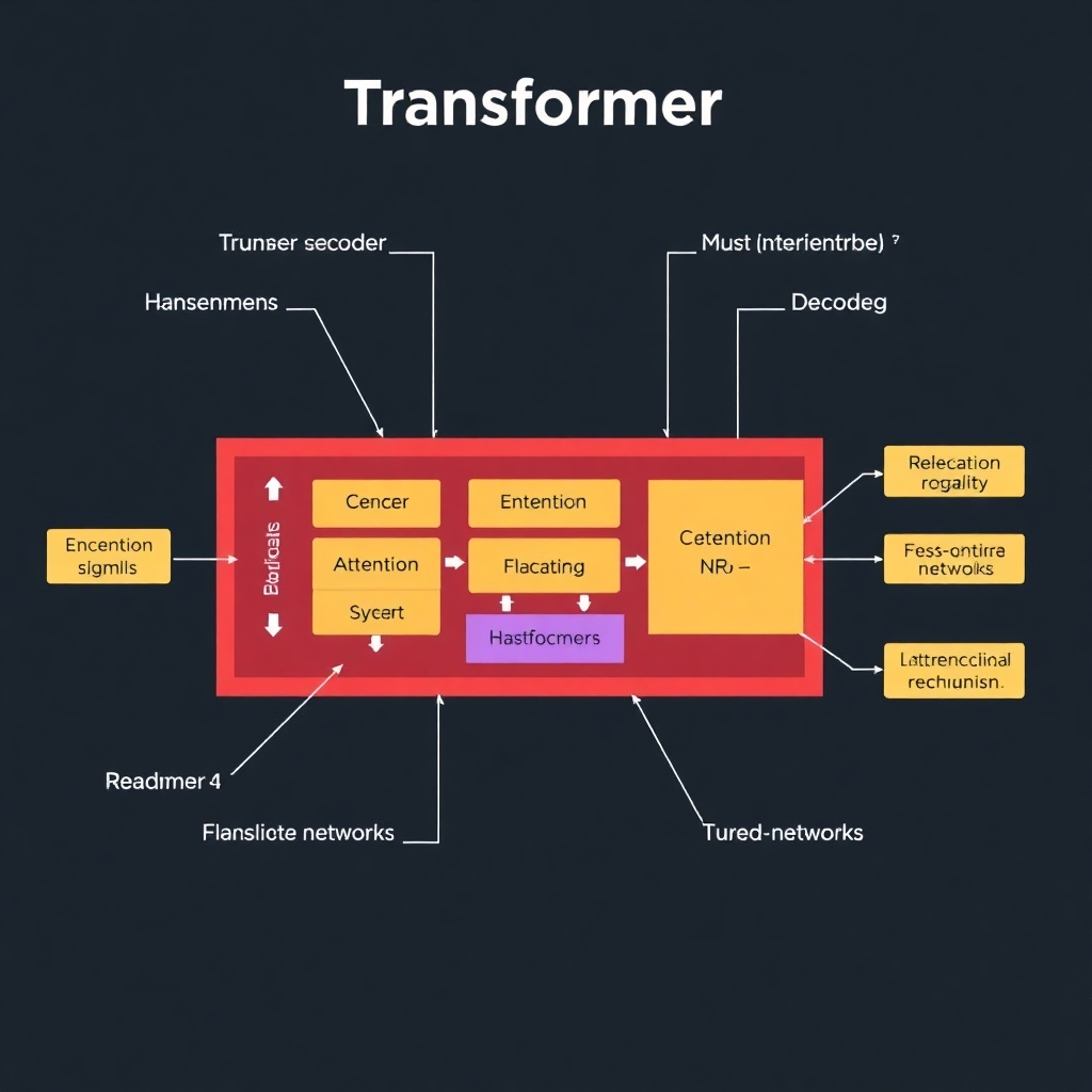 A detailed, cutaway diagram of a Transformer architecture.  Clearly label all the components, such as the encoder and decoder layers, attention mechanisms, and feed-forward networks.  Use a clean and informative design, highlighting the key features and information flow.