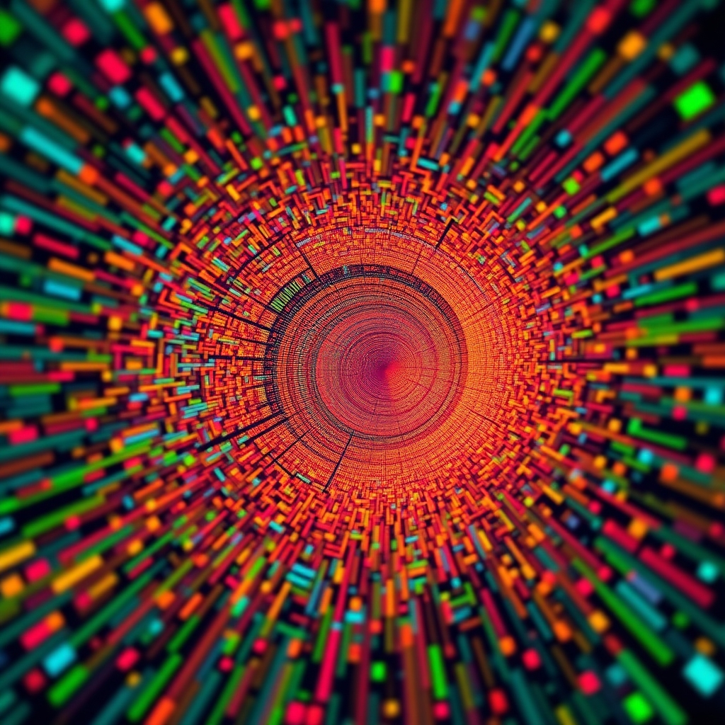 A dynamic visualization of a massive dataset, represented as a swirling vortex of text and data points. Use bright colors to represent different types of data. Show the data flowing into a central processing unit, symbolizing the training process. The visual should convey the sheer scale and complexity of the data.