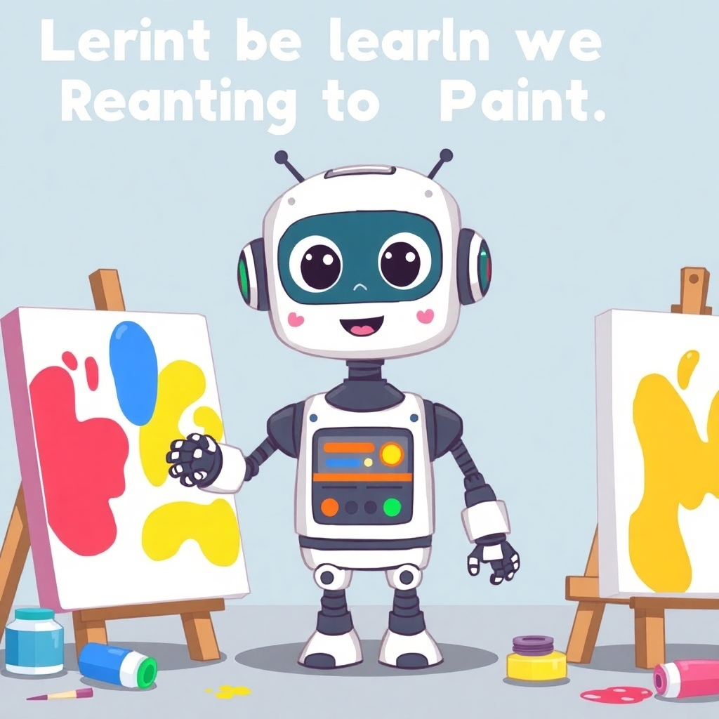 A friendly, cartoon-style illustration depicting a robot learning to paint. The robot is surrounded by colorful paint tubes and canvases, with a playful, approachable aesthetic. The image should convey the idea of a machine learning to be creative, rather than a complex technological process.