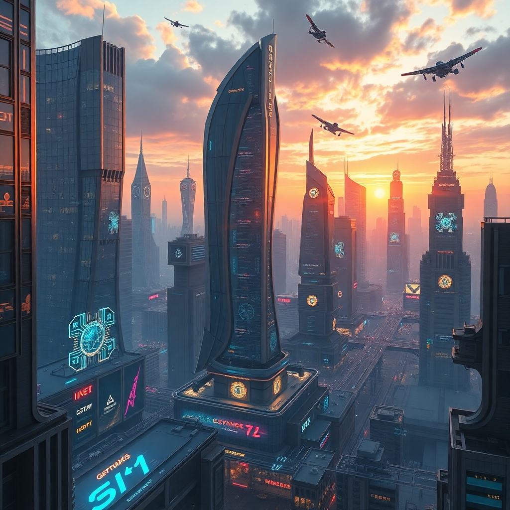 A futuristic cityscape with buildings morphing and changing dynamically, symbolizing the rapid evolution of generative AI. Flying vehicles and holographic projections add to the futuristic aesthetic. The overall style should feel both optimistic and cautionary, suggesting the great potential but also the challenges that lie ahead.