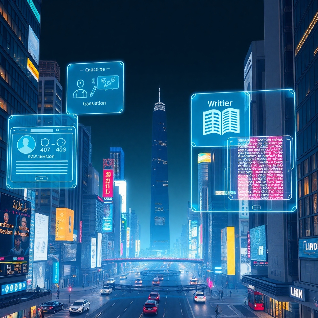 A futuristic cityscape with holographic displays showing various applications powered by LLMs. One display could show a chatbot interface, another a real-time translation, and a third a creative writing tool generating a story. Use a blend of photorealistic elements for the city and futuristic, stylized elements for the holographic displays.