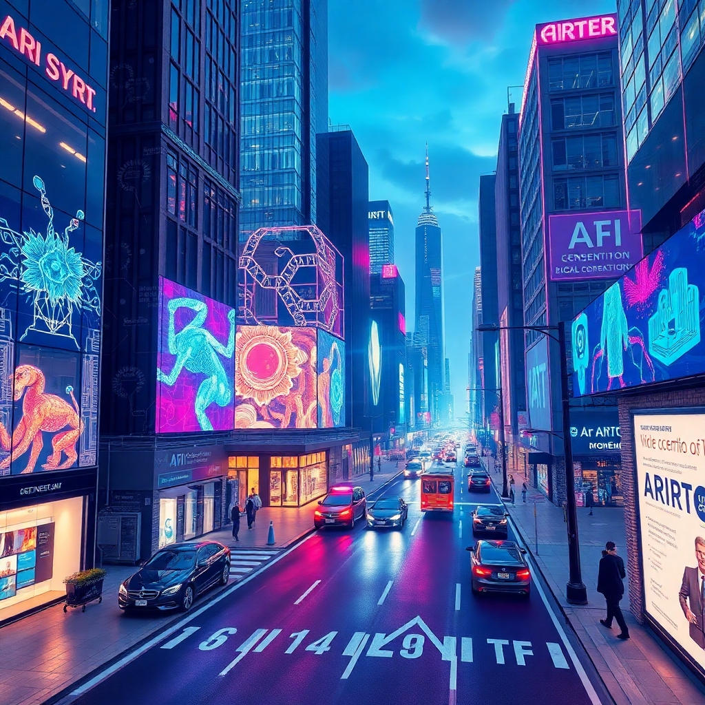 A futuristic cityscape with holographic projections of various generative AI applications overlaid on real-world structures.  Show diverse applications in action, such as AI-generated art displayed on building facades, self-driving cars navigating streets, and virtual assistants interacting with people. The image should feel dynamic and visually engaging.