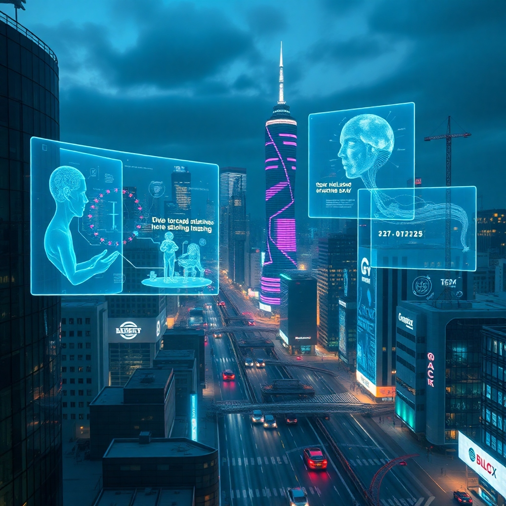 A futuristic cityscape with holographic projections showcasing advanced LLM applications, such as seamless human-machine interaction, sophisticated problem-solving, and enhanced creative expression. The visual should convey the potential of future LLMs to reshape various aspects of human life.