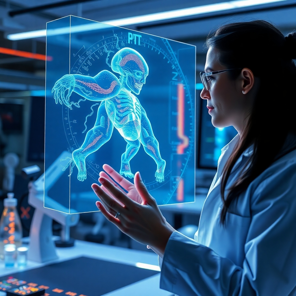 A futuristic concept art depicting a researcher interacting with a holographic representation of a GPT model. The scene should evoke a sense of discovery and progress, representing the cutting-edge nature of the technology and the ongoing research. The image should feature a sleek, futuristic lab setting, with the GPT model represented as a vibrant, dynamic entity.
