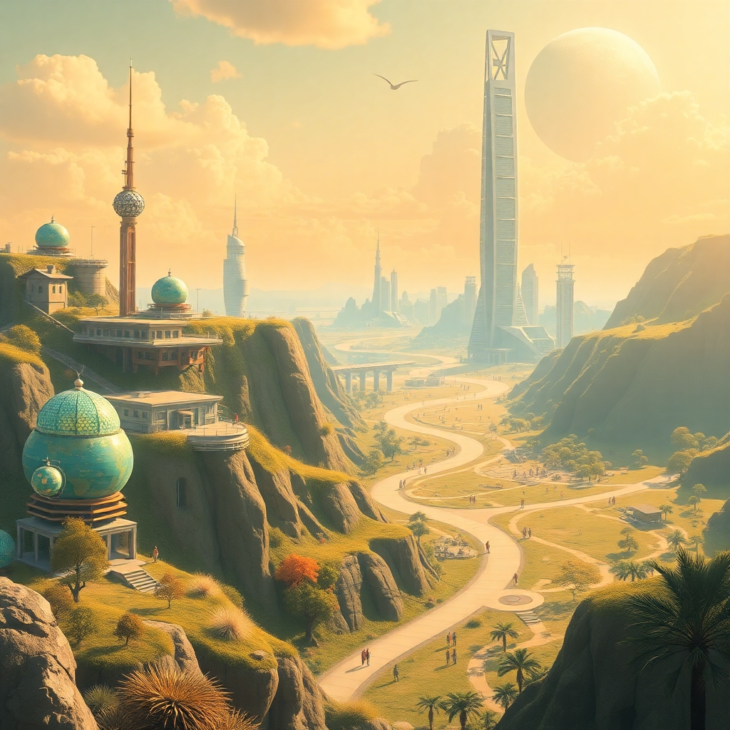 A futuristic landscape depicting a utopian society where generative AI benefits humanity: advanced healthcare, sustainable cities, creative arts flourishing. The image should use warm colors and a positive aesthetic. The overall feel should be optimistic yet thought-provoking, hinting at both the potential and responsibility that comes with such powerful technology.