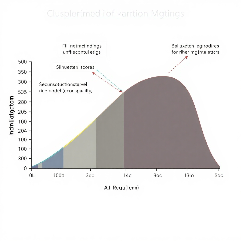 A graph showing various evaluation metrics for unsupervised learning models. The graph should clearly display how different metrics (e.g., silhouette score, reconstruction error) change with different algorithm parameters or data variations. Annotations should explain the meaning of each metric and how to interpret the results. The style should be clean and professional, emphasizing data visualization.