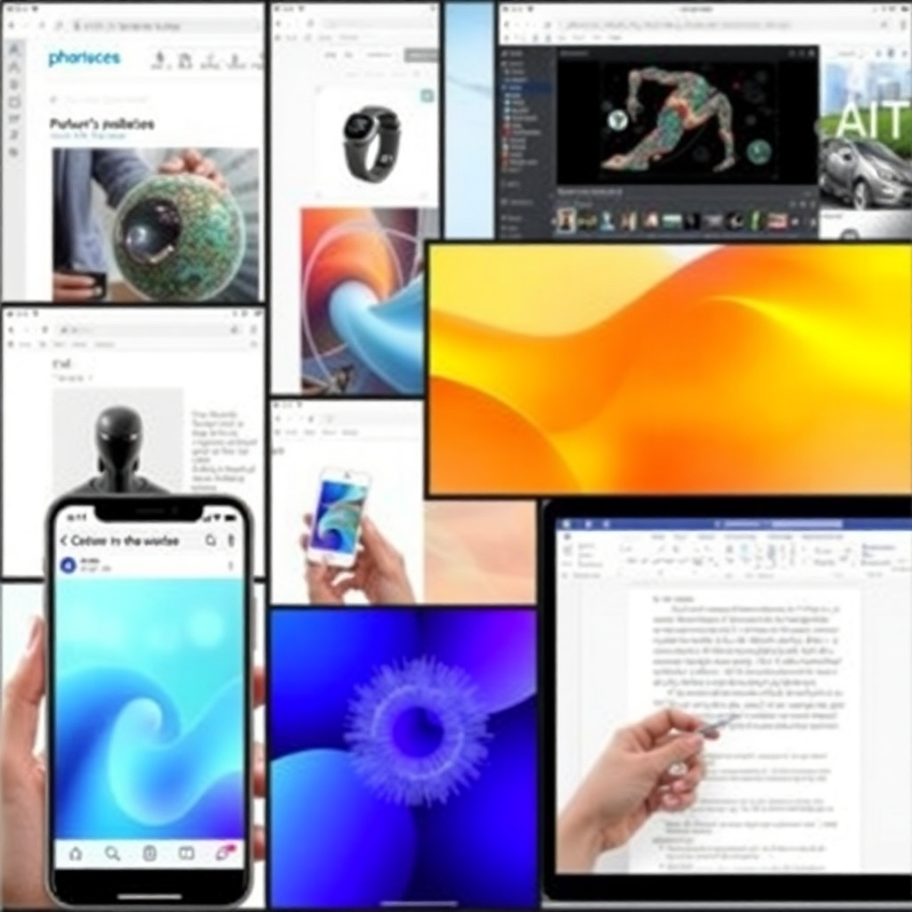 A photorealistic collage showing various everyday apps and interfaces subtly enhanced by generative AI.  Show examples such as AI-generated product visualizations on an e-commerce website, AI-powered image editing in a graphic design app, and AI-assisted writing in a word processor, with subtle visual cues to pinpoint the AI's contribution.