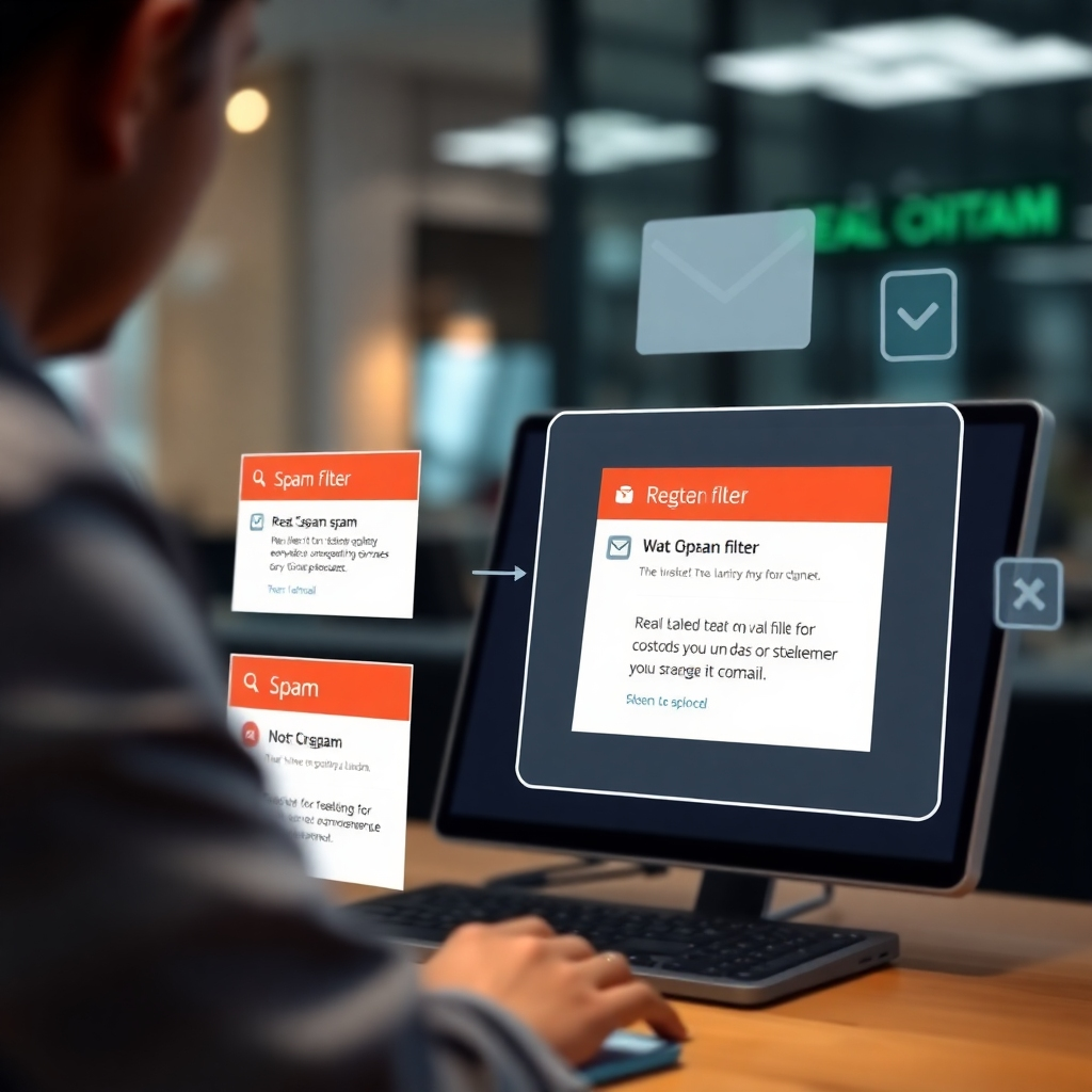 A photorealistic image depicting a user interacting with a spam filter. The image should show emails clearly labeled as spam or not spam, with the spam filter highlighted. Include visual cues like color-coding or icons to highlight the successful classification of emails. The scene should feel modern and user-friendly, emphasizing the real-world application.
