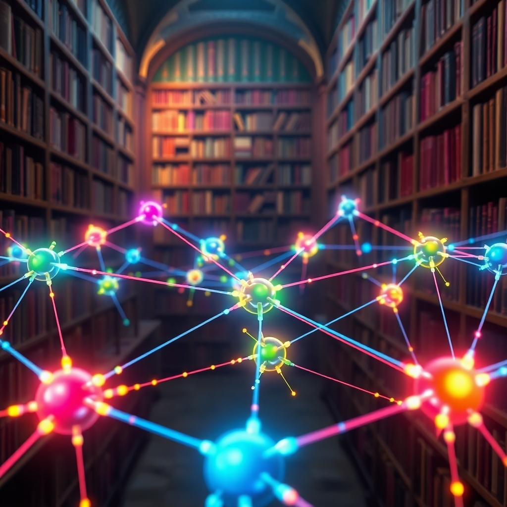 A photorealistic image depicting a network of interconnected nodes, each node glowing with different colors representing different data points. The nodes are connected by vibrant, pulsating lines symbolizing the flow of information. In the background, a stylized representation of a vast library filled with books and scrolls can be seen, emphasizing the immense dataset used for training. The overall mood is one of complex interconnectedness and immense knowledge.