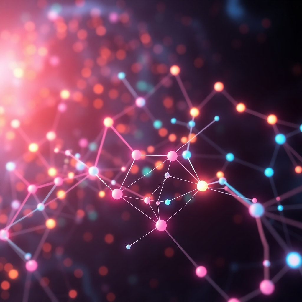 A photorealistic image depicting a complex network of interconnected nodes, glowing with vibrant colors, representing the intricate algorithms of a generative AI model.  The nodes should pulse rhythmically, suggesting activity and processing.  In the background, a swirling nebula of data points adds to the sense of complexity and dynamism. The overall style should be both futuristic and inviting, balancing technological sophistication with an approachable aesthetic.