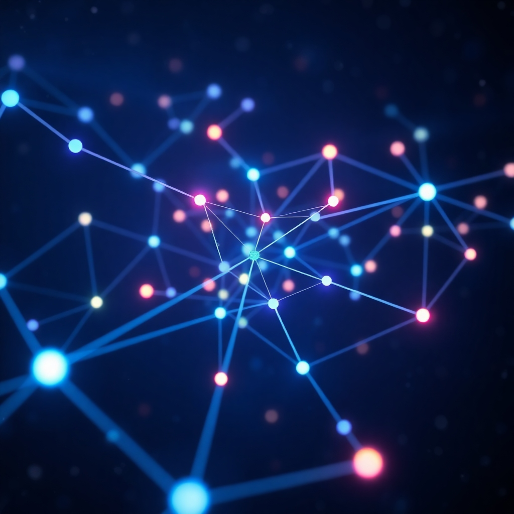 A photorealistic image depicting a network of interconnected nodes, glowing with different colors to represent data clusters. The nodes should be dynamically shifting and reforming, suggesting the algorithm's exploration of data patterns. The background could be a deep, starry night sky, representing the vastness of data. The overall style should be clean, futuristic, and slightly abstract, emphasizing the complex yet elegant nature of unsupervised learning.