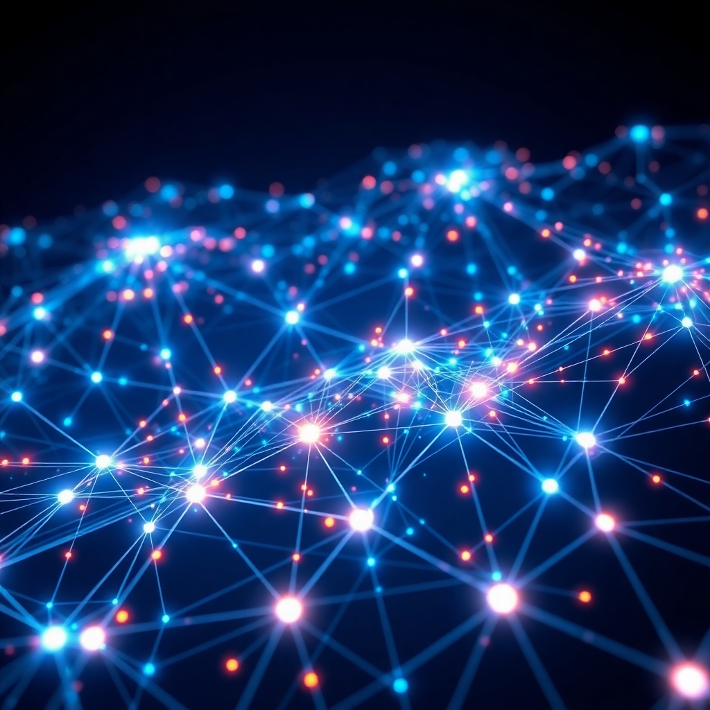 A photorealistic image depicting a massive, sprawling network of interconnected nodes, each node glowing with different colors representing data points. The network resembles a neural network, emphasizing its complexity and scale. The overall style should be clean, futuristic and slightly abstract. The background could be a deep, dark blue, symbolizing the vastness of the data.