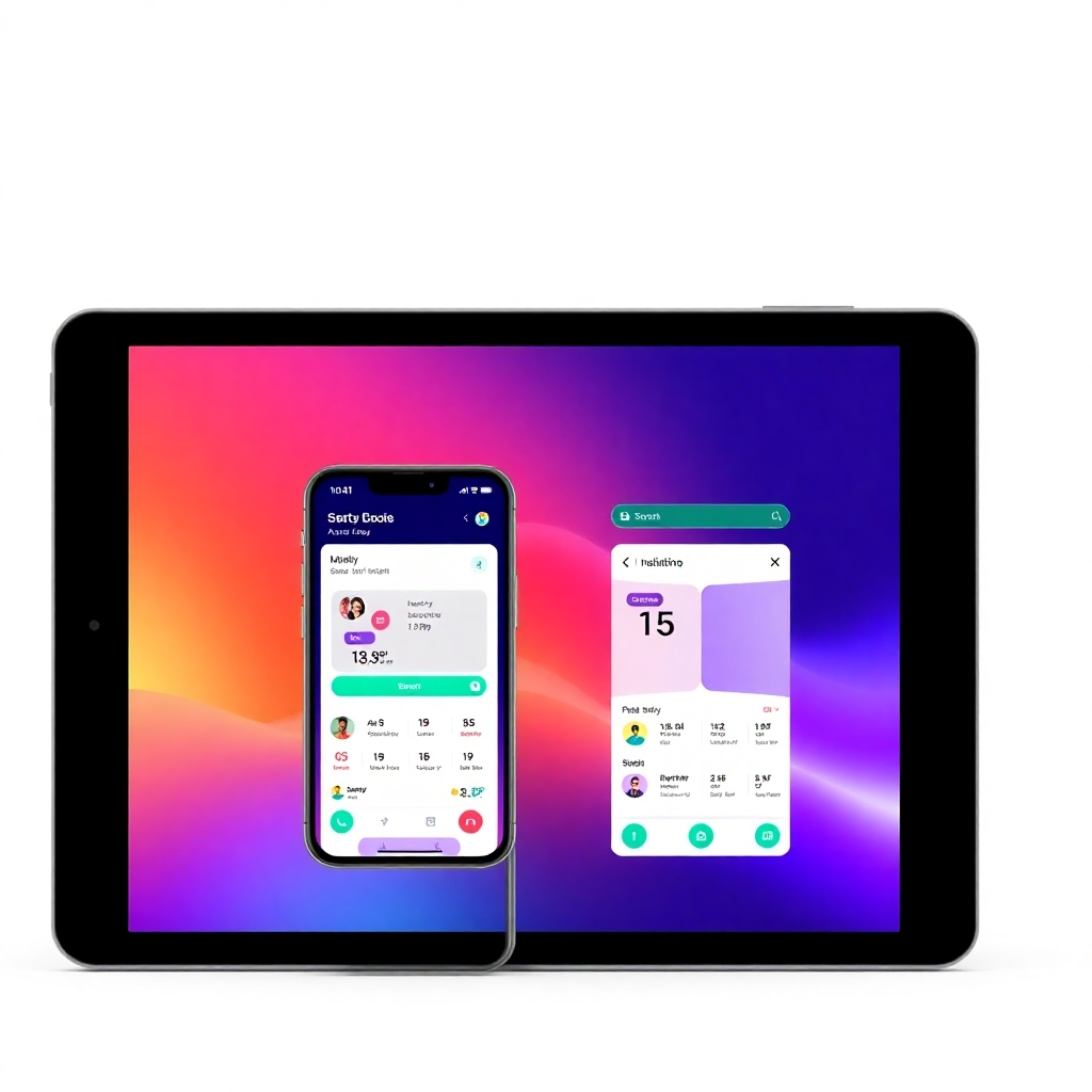 A photorealistic image depicting a sleek mobile app interface on a smartphone and tablet.  The images should showcase the modern design and user-friendliness of the app.  The color palette should be sleek and professional. Technical specifications: 4K resolution.