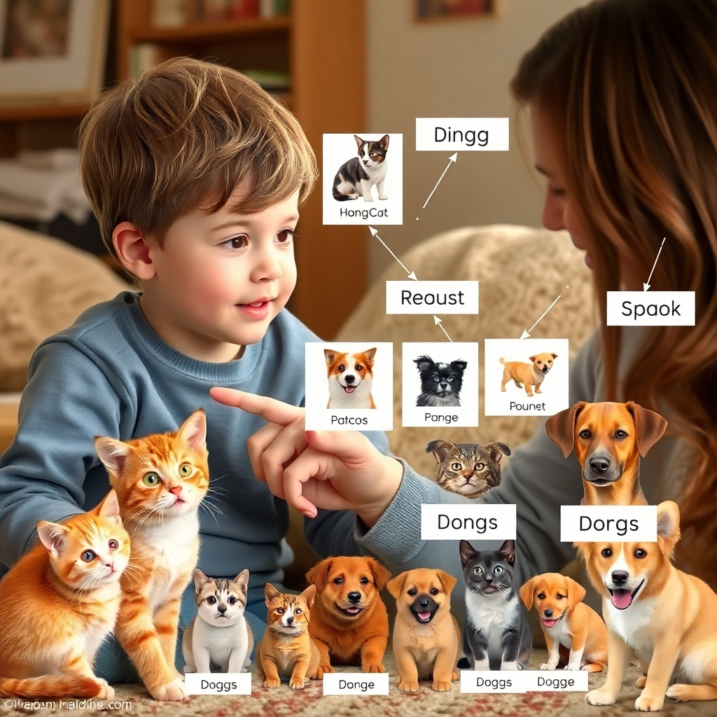 A photorealistic image depicting a child learning to identify cats and dogs, with a parent pointing to pictures and labeling them.  The child's expression should reflect curiosity and understanding. Include a variety of cat and dog breeds to showcase the diversity of examples required for effective learning. The setting could be a cozy home environment.