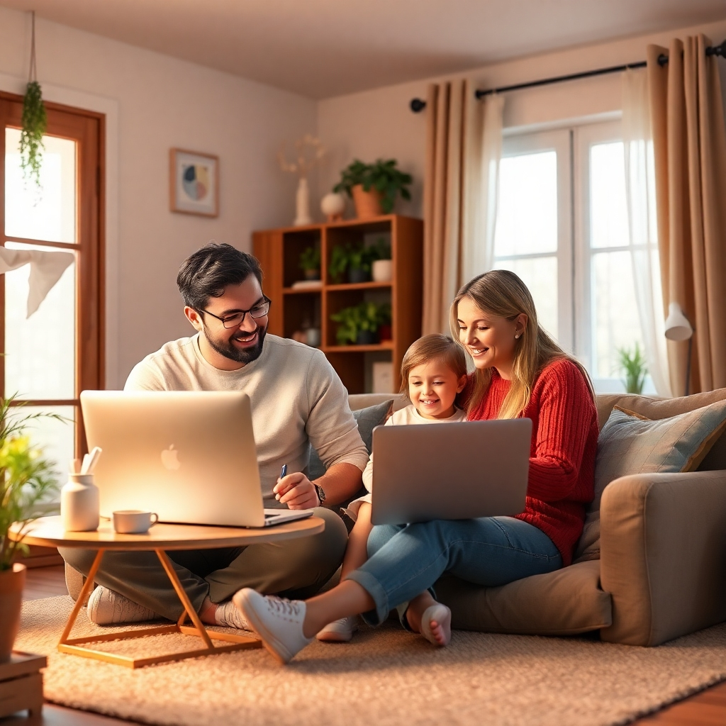  A photorealistic image depicting a person working from home, spending quality time with family after completing a work task. The scene should showcase a cozy home office environment. The image should convey happiness and harmony. The color palette should be soft and warm. Technical specifications: 4K resolution.