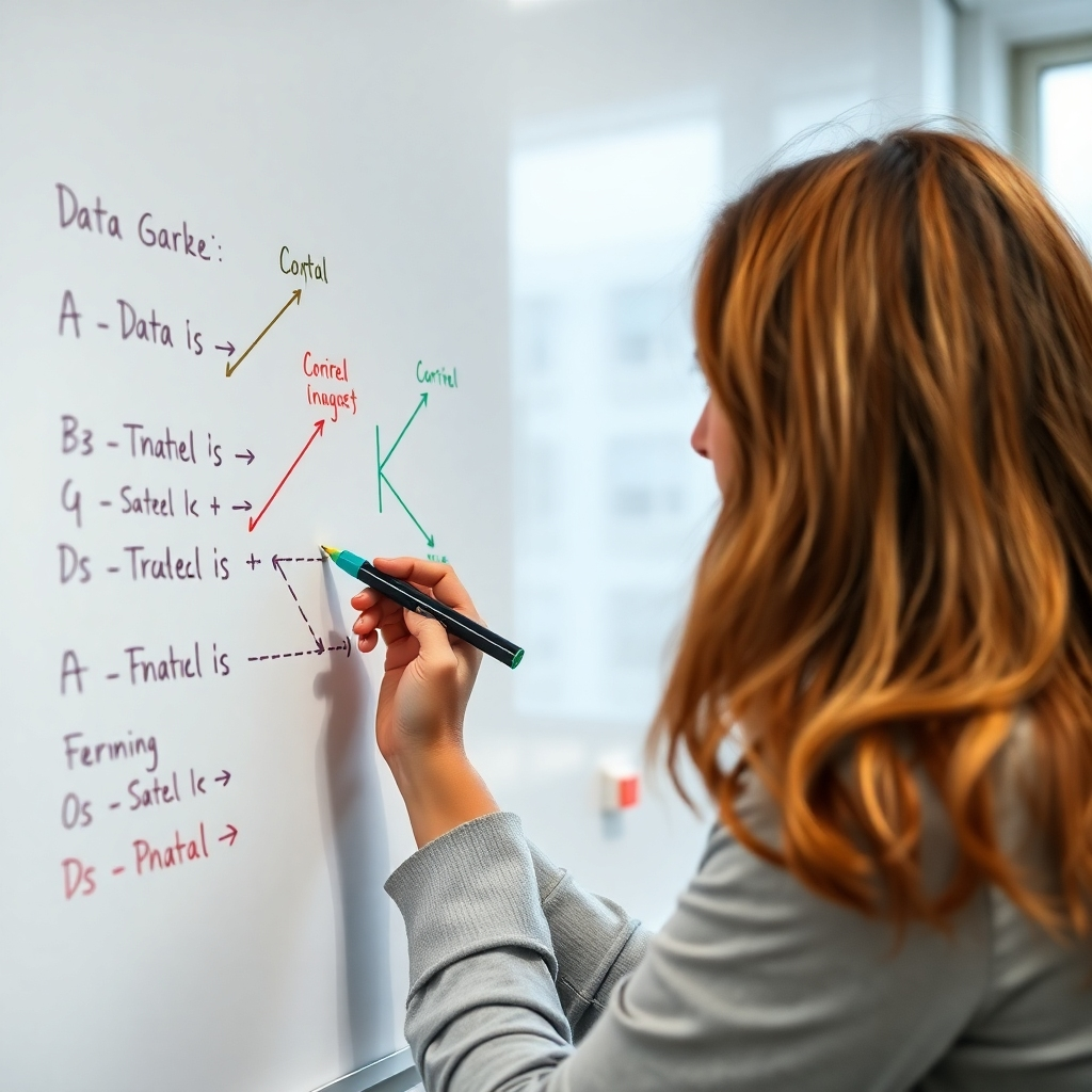 A photorealistic image depicting a teacher meticulously labeling data points on a whiteboard, with various colorful markers and diagrams illustrating different data types and their corresponding labels. The background should subtly suggest a classroom setting, enhancing the educational context.  The image should convey a sense of accuracy and precision in the labeling process, highlighting the importance of correctly labeled data in supervised learning.