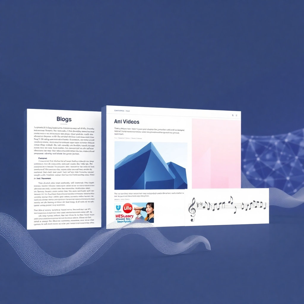 A photorealistic image depicting a diverse range of content being generated by a generative AI model: a blog post, an image, a video, and a piece of music. The overall style should be modern and clean, emphasizing the versatility of generative AI in content creation.