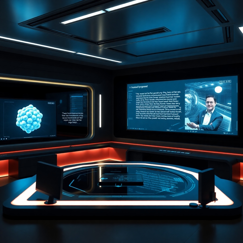  A photorealistic image depicting a futuristic control room, where holographic displays show various generative AI models in action. One screen displays a complex 3D model being generated, another shows text being transformed into realistic speech, and a third shows a dynamic video scene being created. The room should be sleek and modern, with subtle ambient lighting enhancing the technological feel. The overall atmosphere should be one of innovation and cutting-edge technology.