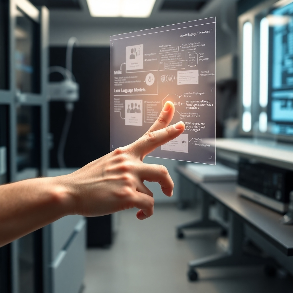 A photorealistic image depicting a human hand reaching out to touch a holographic display showing complex data streams and language models. The holographic display is projected from a sleek, futuristic device. The expression on the human hand suggests curiosity and wonder, highlighting the seamless interaction between human and AI. The background is a modern lab setting with advanced technological equipment, further enhancing the image's narrative.