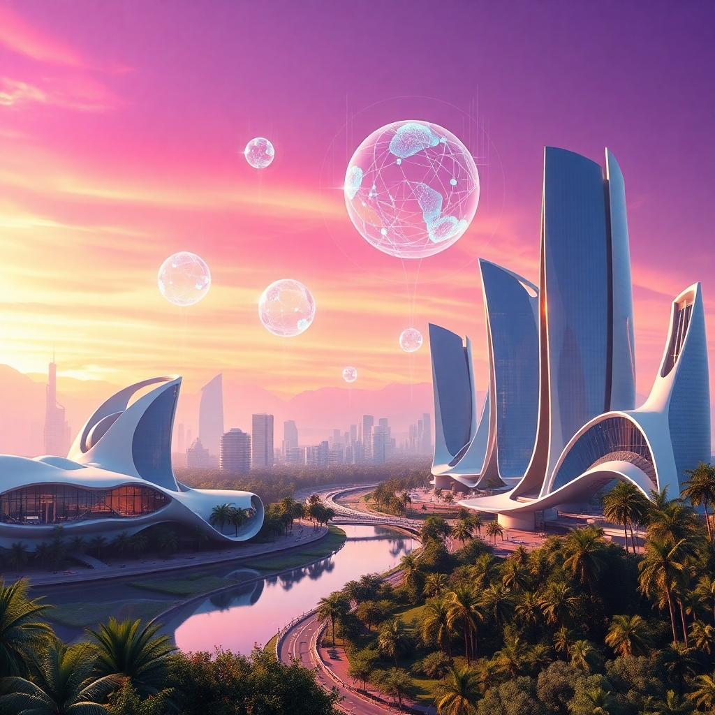 A photorealistic image depicting a futuristic cityscape where sleek, organically shaped buildings are seamlessly integrated with nature. The sky is a vibrant gradient of purple and orange, and holographic projections of generative AI models float in the air, interacting with the cityscape.  The overall mood should be one of awe and wonder, emphasizing the transformative power of AI.
