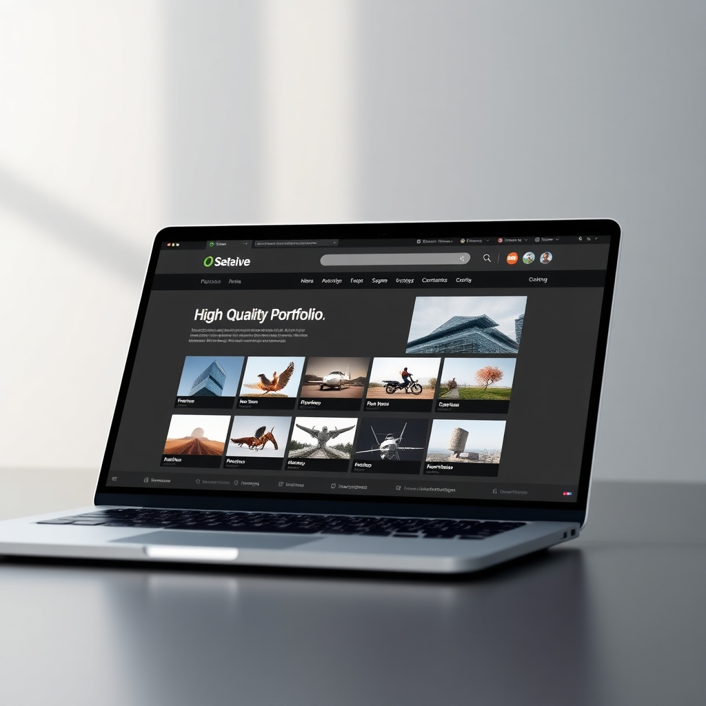 A photorealistic image displaying a high-quality portfolio website on a laptop, with the screen highlighting well-designed projects. Technical specifications: 4K resolution.