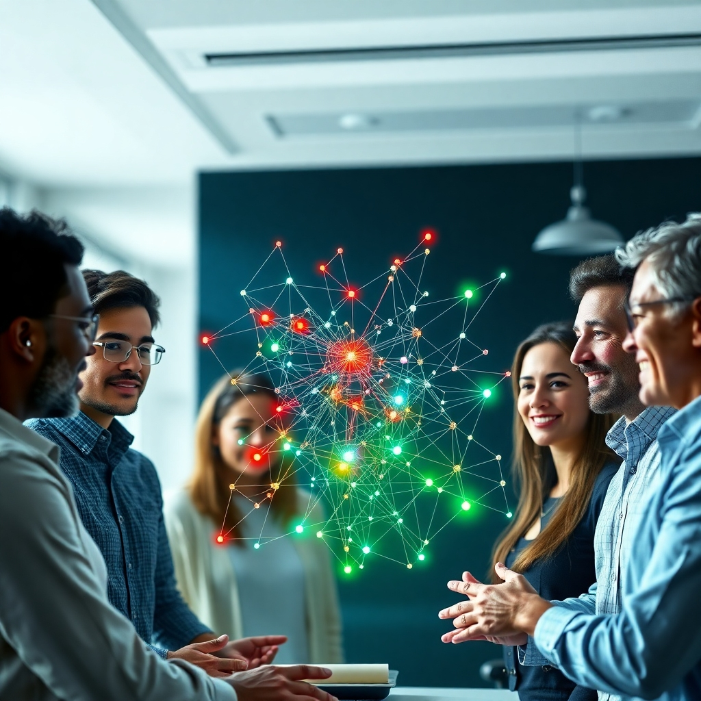 A photorealistic image of a diverse group of people collaborating around a large holographic display showing a complex network. The display shows data points gradually becoming less biased, changing color from dark red to bright green as they get closer to neutral. The expressions on the people's faces should convey satisfaction and accomplishment. The background is a clean, modern office space, creating a sense of collaboration and progress.