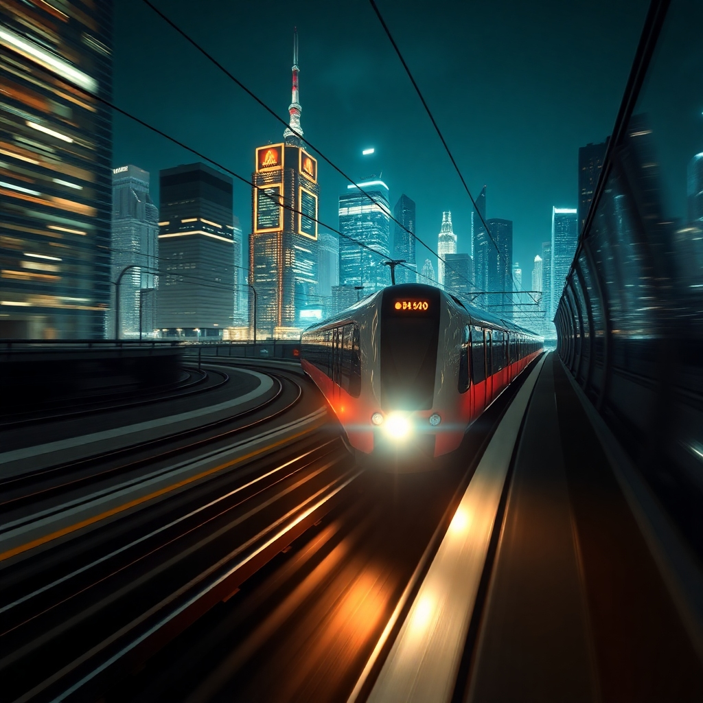A photorealistic image of a high-speed train moving through a futuristic cityscape at night, symbolizing the rapid advancements in LLM technology thanks to the Transformer architecture. The futuristic cityscape would highlight rapid technological advancements. The train represents efficiency and advancement.