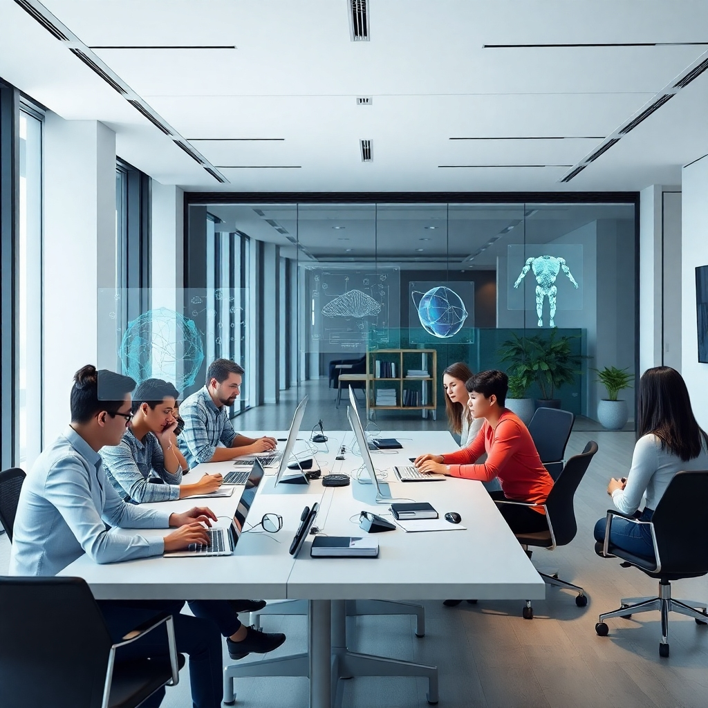 A photorealistic image of a modern, minimalist office space.  A diverse team of professionals collaborates, with holographic displays showing generative AI models assisting in their work.  The focus should be on seamless integration and productivity enhancement, with a clean, organized environment.