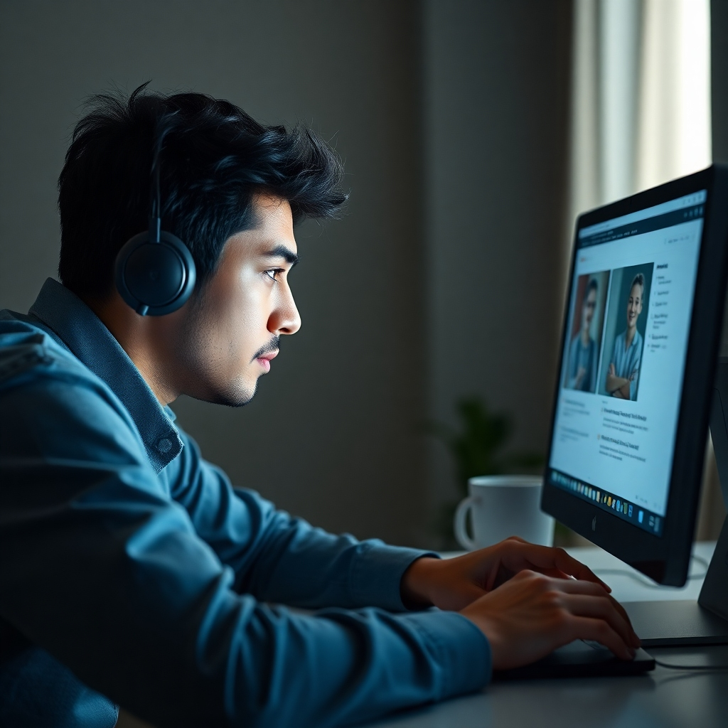 A photorealistic image of a person focused on a computer screen, actively engaged in an online course or tutorial.  The image should convey a sense of active learning and determination. Use a neutral color palette. Technical specifications: 4K resolution.