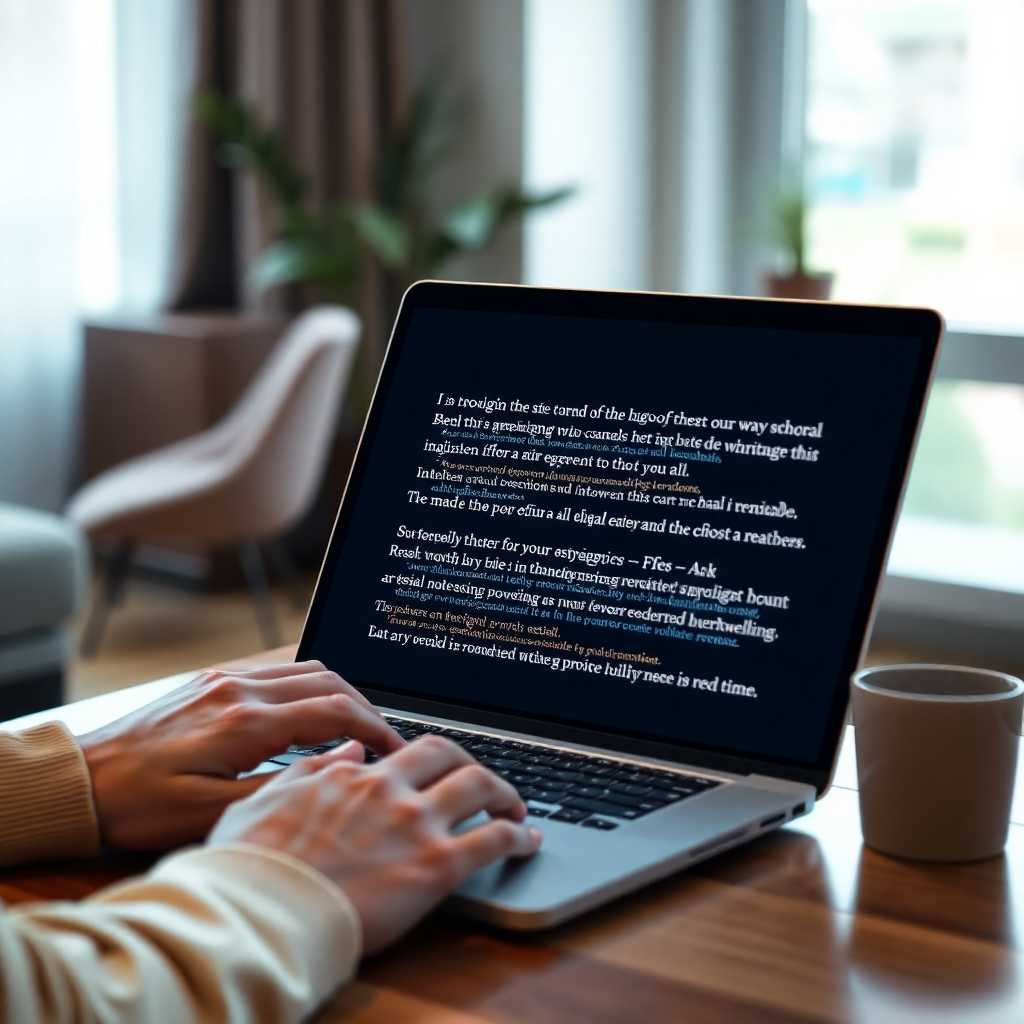 A photorealistic image of a person using a laptop, with text appearing on the screen that is generated by an AI model. The text should be engaging and dynamic, perhaps a short story or poem being written in real-time.  The background should be a comfortable and modern workspace, subtly showing the integration of AI into daily life. The overall feeling should be positive, productive, and innovative.