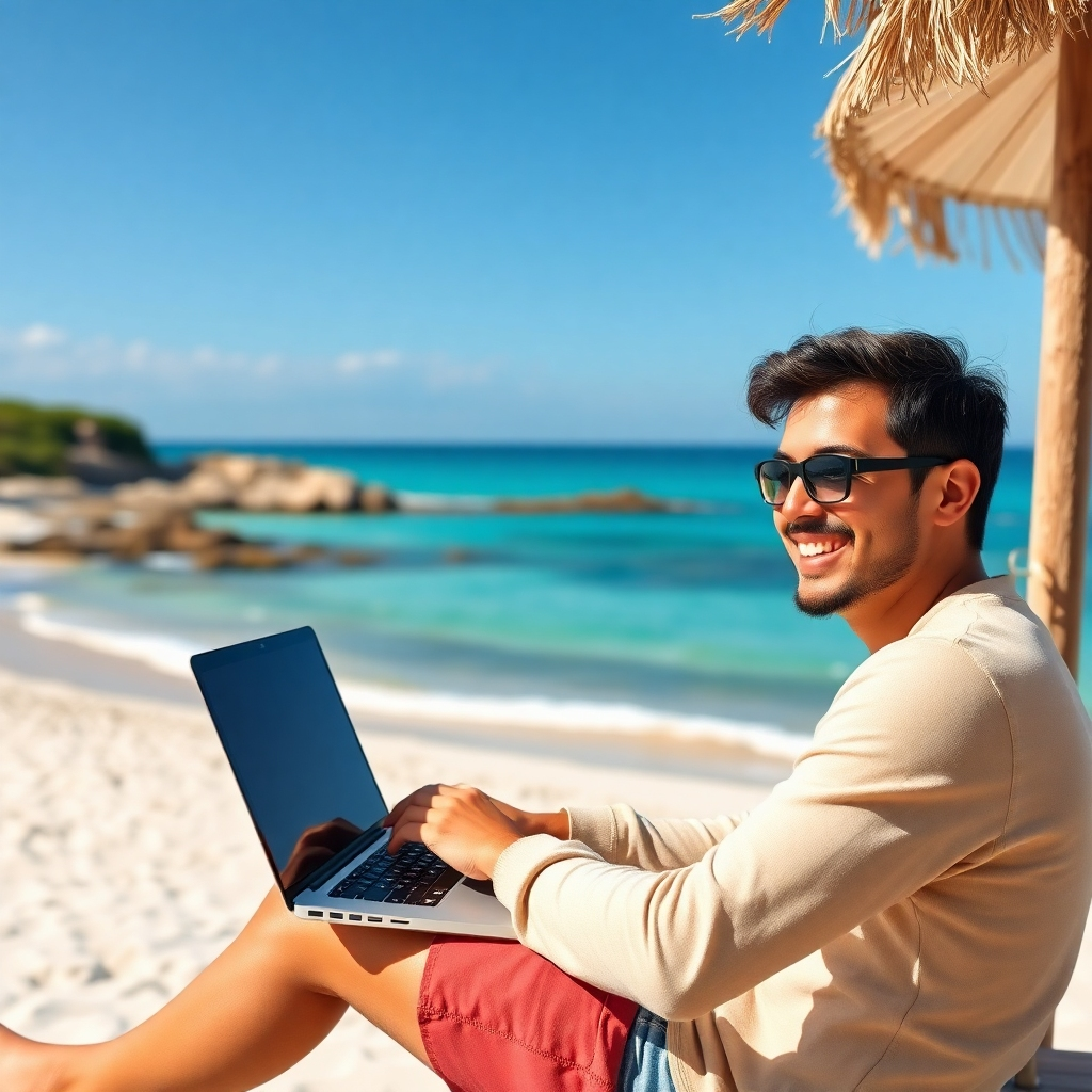  A photorealistic image of a person smiling while working on a laptop from a beautiful beach setting. The image should emphasize the serene environment and the person's relaxed state. The color palette should be bright and cheerful. The technical specifications should be 4K resolution. The lighting should be soft, and the image should be sharply focused.