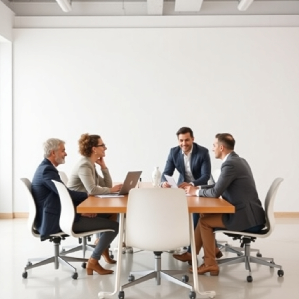 A photorealistic image of a team of professionals having a productive meeting. The meeting should be in a modern office setting, emphasizing professional collaboration.  The color palette should be neutral. Technical specifications: 4K resolution.