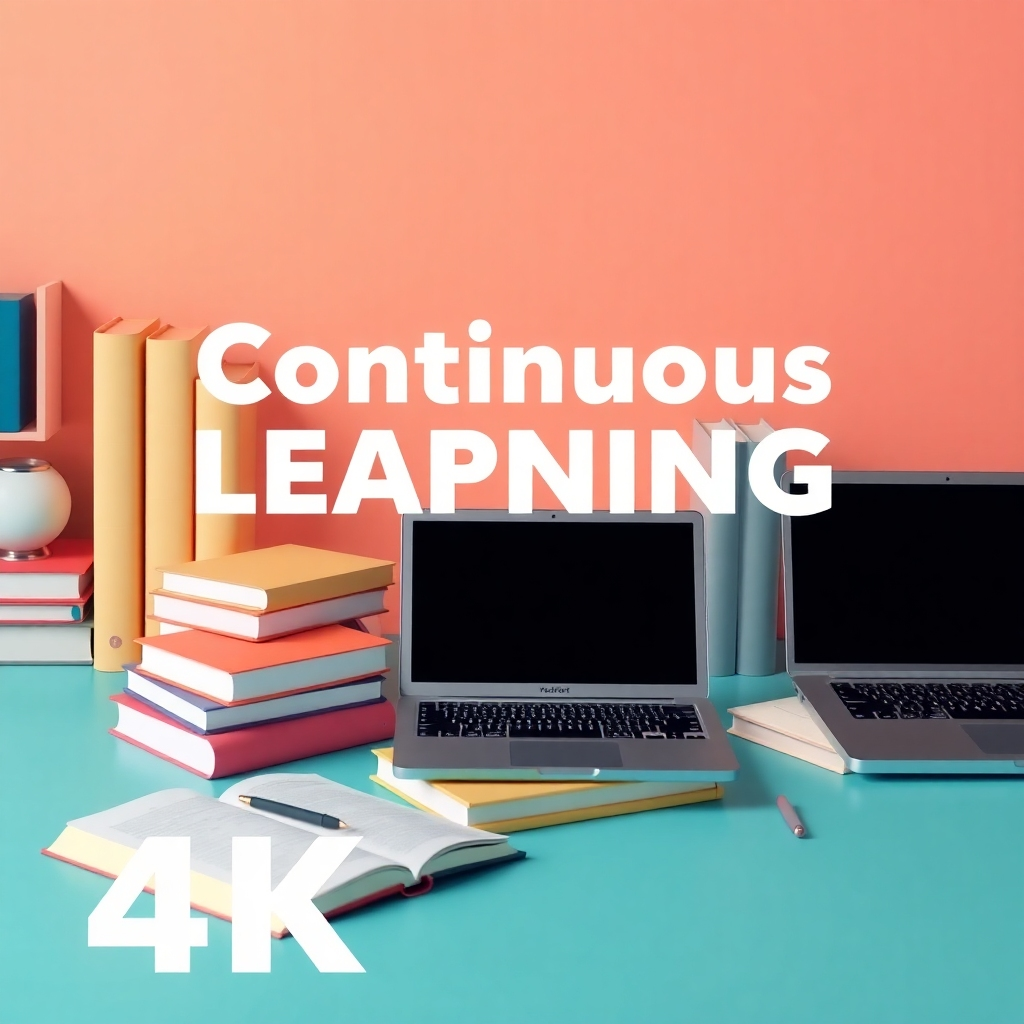 A photorealistic image of books, laptops, and other learning materials arranged aesthetically. The image conveys the importance of continuous learning in the software industry. The color palette should be calming and inviting. Technical specifications: 4K resolution.