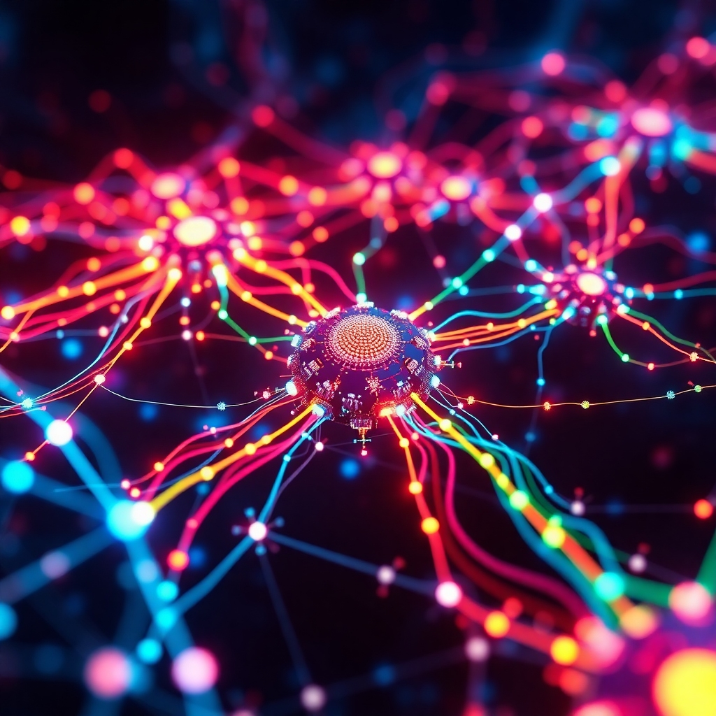 A photorealistic image of interconnected nodes and data streams, with GPT-2 and GPT-3 prominently displayed as larger, more complex nodes. Use vibrant colors to represent the data flow, showcasing the enhanced capabilities and interconnectedness of these models.  Include visual cues suggesting the vast amount of data processed and the increased complexity, such as glowing lines and intricate patterns within the nodes.
