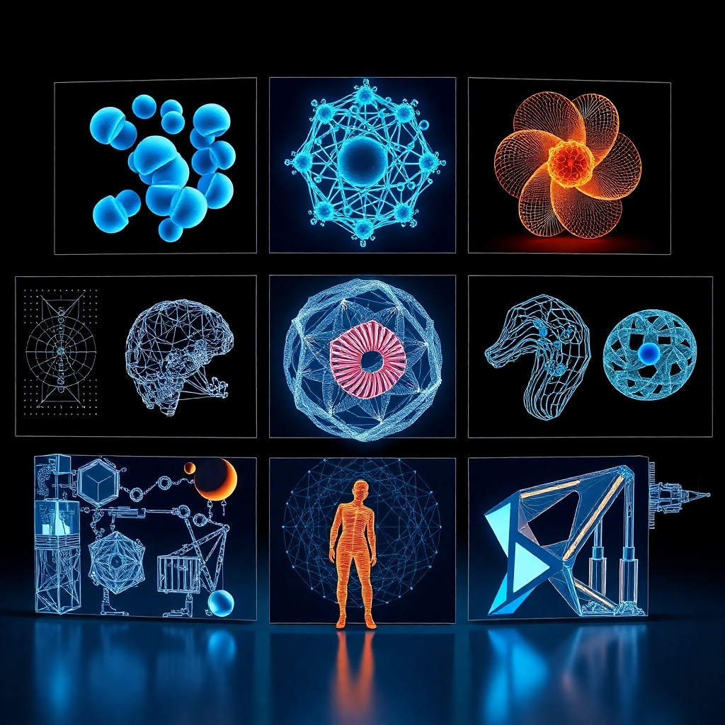 A photorealistic image or a series of panels showing the diverse applications of generative AI across different industries. Show examples like AI-powered drug discovery, AI-generated product designs, and AI-assisted creative work in areas such as fashion and architecture, all presented in a visually engaging way.