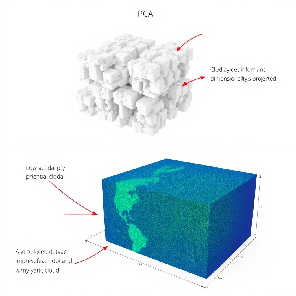 A photorealistic image showing a 3D data cloud being projected onto a 2D plane using PCA.  The original cloud and the projected data should be shown side-by-side, highlighting the dimensionality reduction.  Labels and annotations could demonstrate how important information is preserved during the projection. The overall style should be scientific and precise, employing clear visual cues to illustrate the mathematical process.
