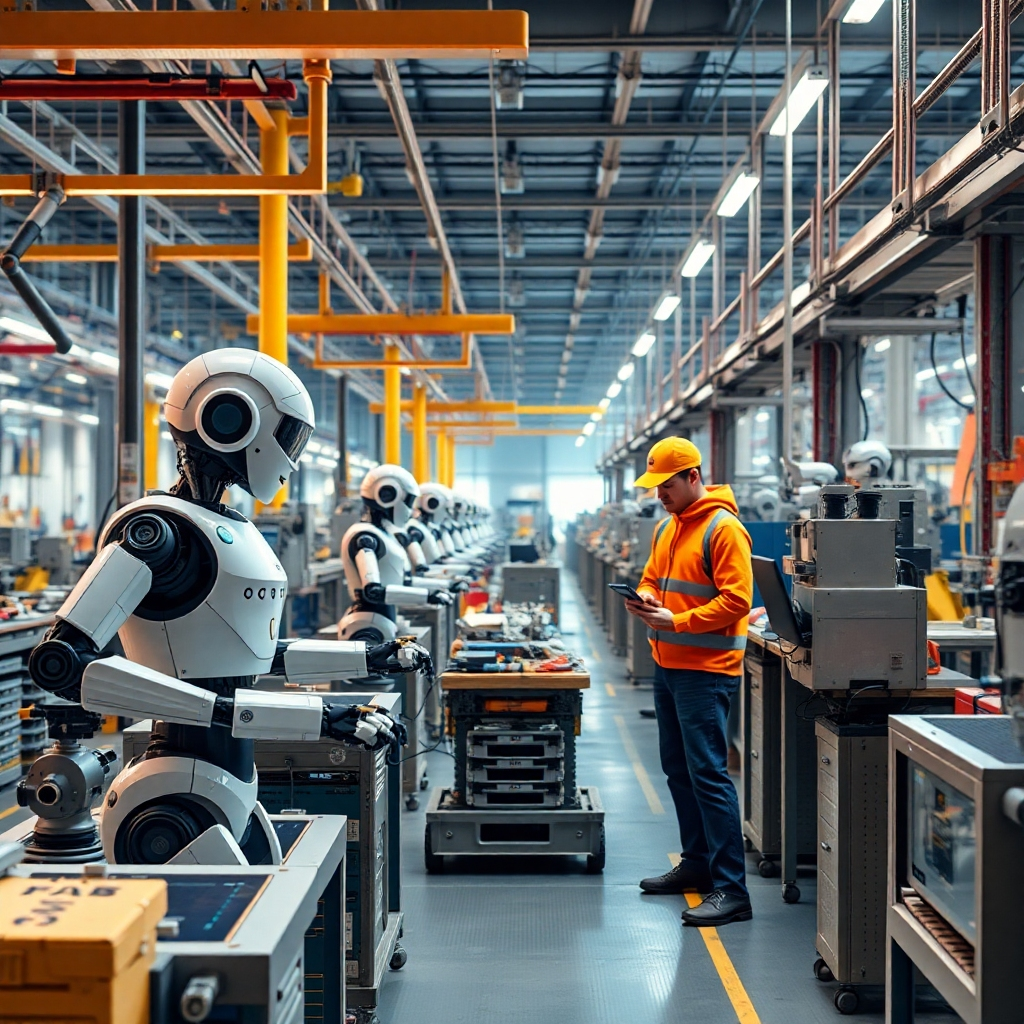 A photorealistic image showing a factory floor where robots and generative AI systems work in harmony with human workers. The robots handle the repetitive tasks while the humans focus on more complex and strategic aspects of the workflow. The overall mood should be positive, depicting a productive and efficient work environment.